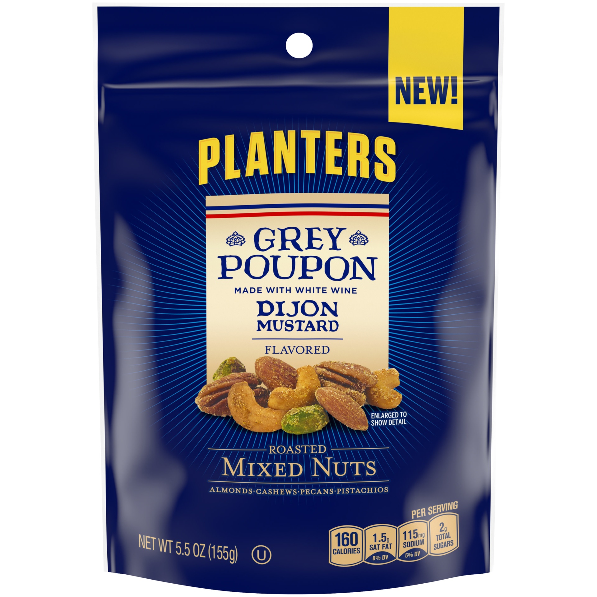 slide 1 of 2, Planters Grey Poupon Dijon Mustard Flavored Roasted Mixed Nuts with Almonds, Cashews, Pecans & Pistachios, 5.5 oz