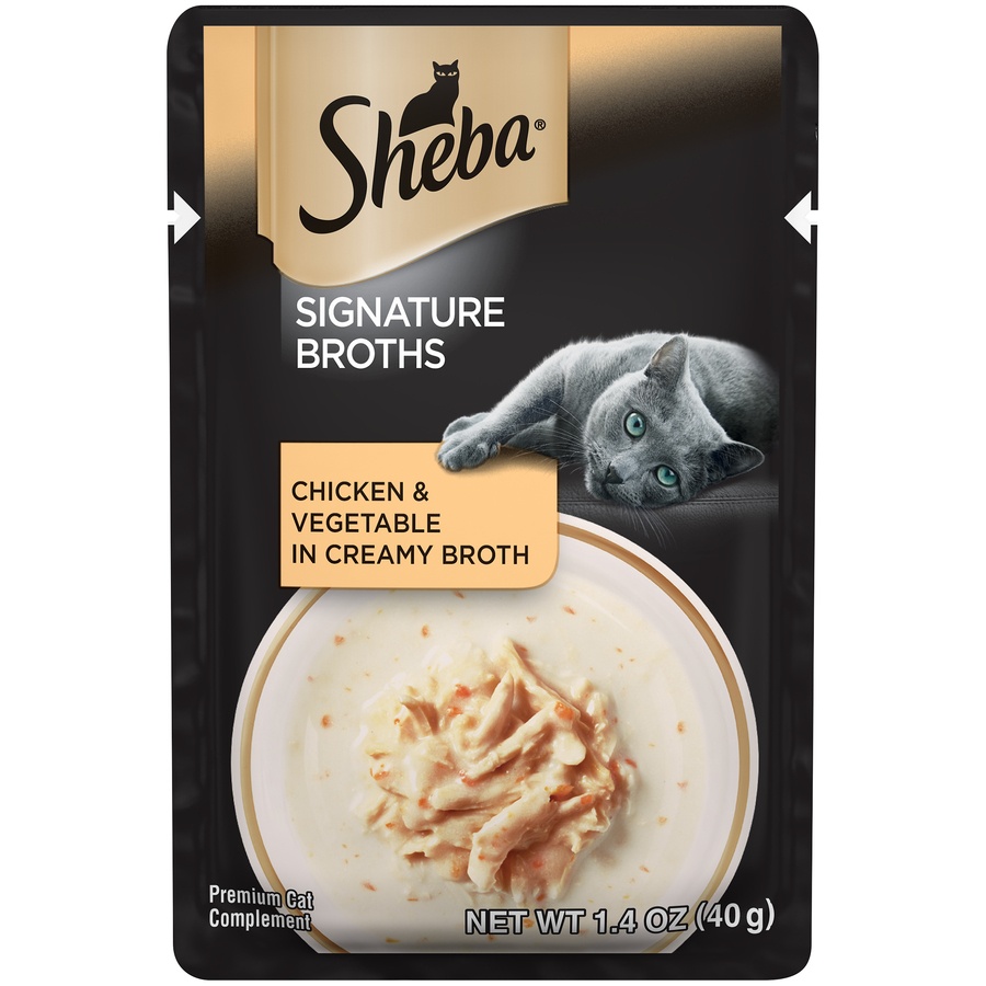 slide 1 of 1, Sheba Signature Broths Chicken & Vegetable in Creamy Broth Pouch Wet Meal Complement for Cat Food, 1.4 oz