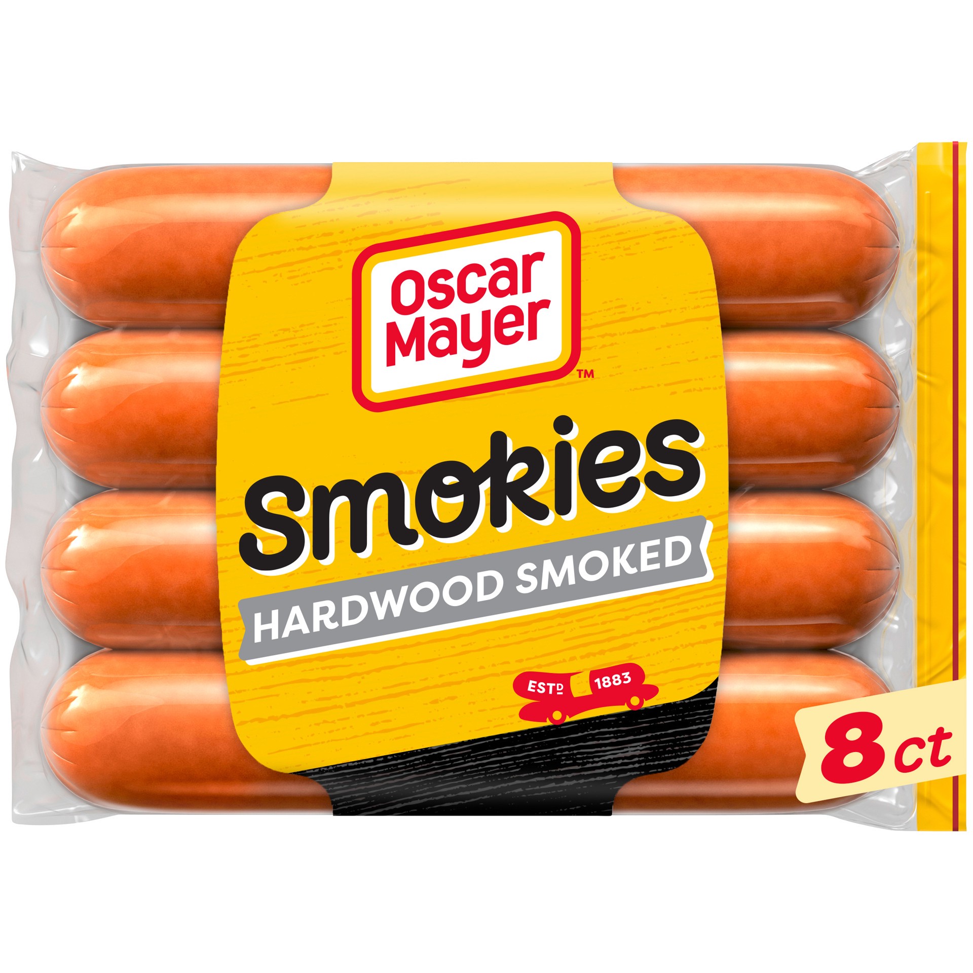 slide 1 of 9, Oscar Mayer Hardwood Smoked Smokies Smoked Sausage Hot Dogs, 8 ct Pack, 8 ct