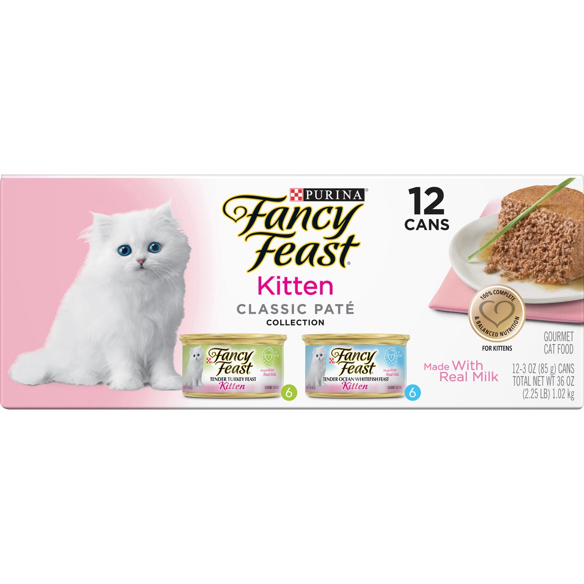 slide 5 of 9, Fancy Feast Purina Fancy Feast Grain Free Pate Wet Kitten Food Variety Pack, Kitten Classic Pate Collection Turkey & Whitefish, 2.25 lb