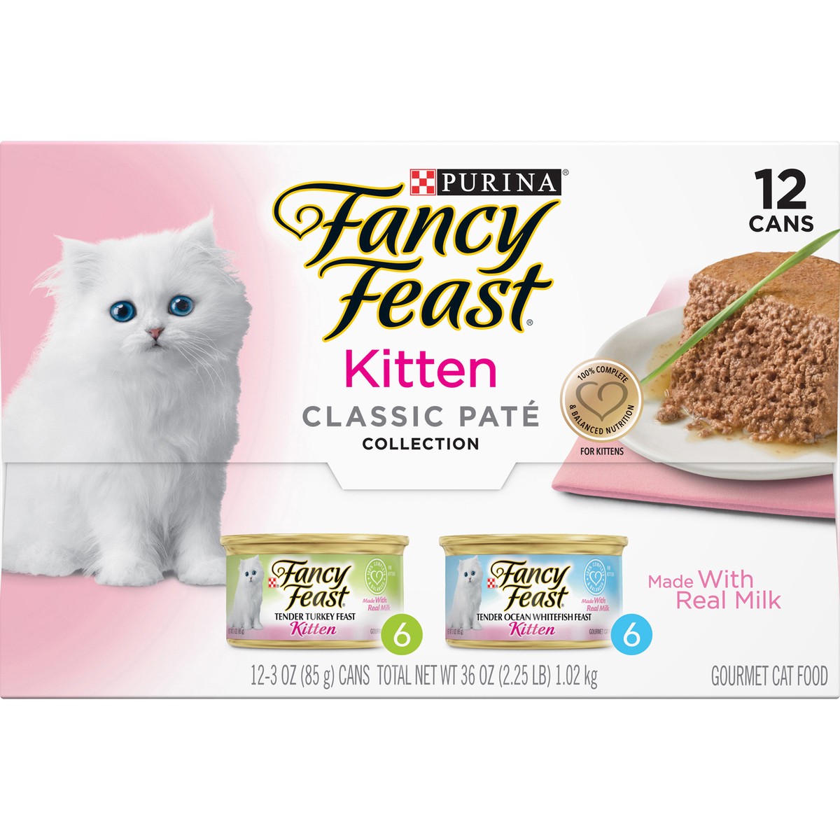 slide 9 of 9, Fancy Feast Purina Fancy Feast Grain Free Pate Wet Kitten Food Variety Pack, Kitten Classic Pate Collection Turkey & Whitefish, 2.25 lb