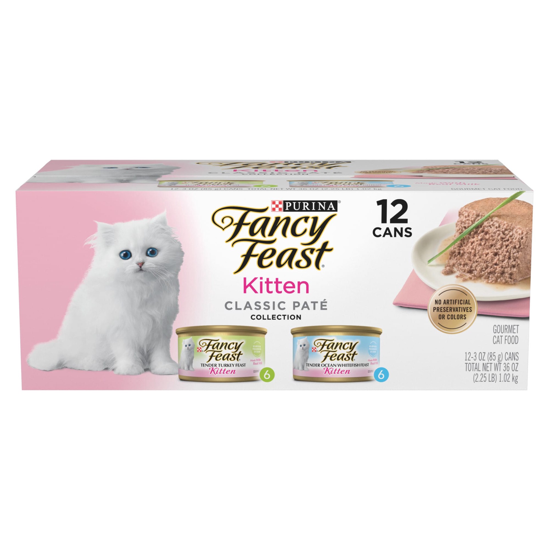 slide 1 of 9, Fancy Feast Purina Fancy Feast Grain Free Pate Wet Kitten Food Variety Pack, Kitten Classic Pate Collection Turkey & Whitefish, 2.25 lb