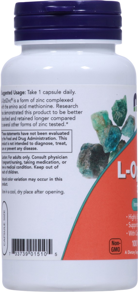 slide 9 of 10, NOW L-OptiZinc 30 mg - 100 Veg Capsules, 100 ct