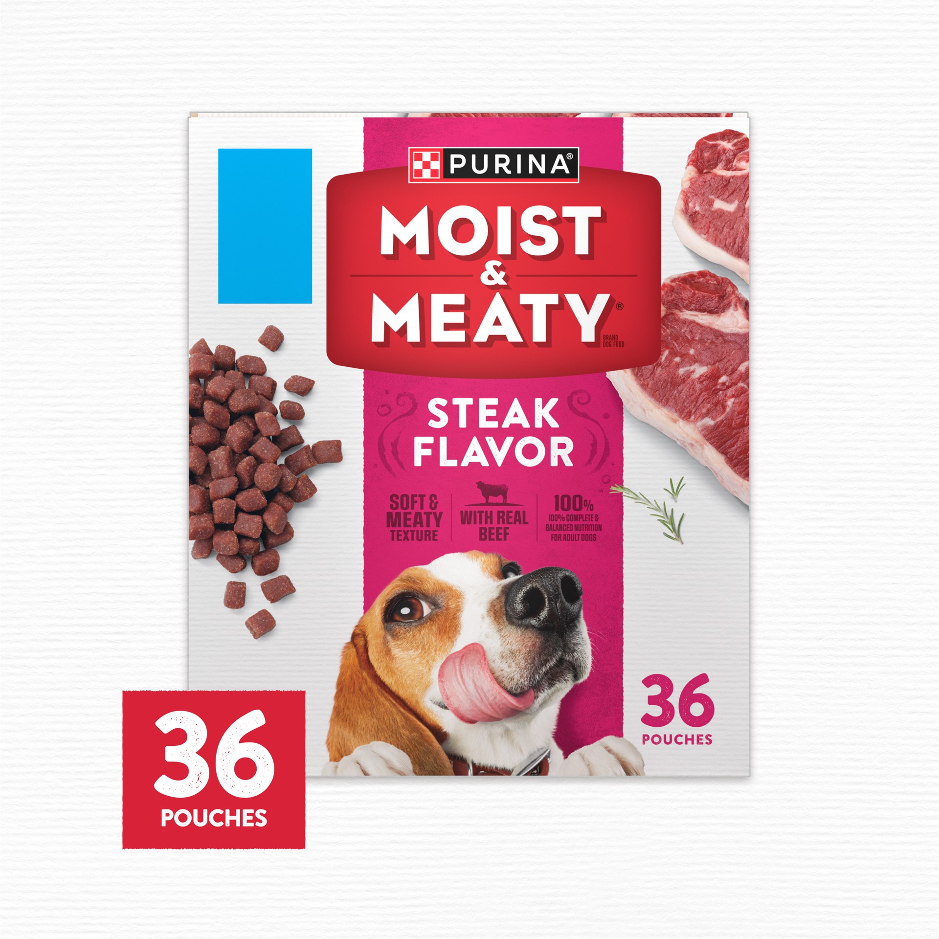 slide 6 of 9, Moist & Meaty Purina Moist and Meaty Steak Flavor Soft Dog Food Pouches, 216 oz