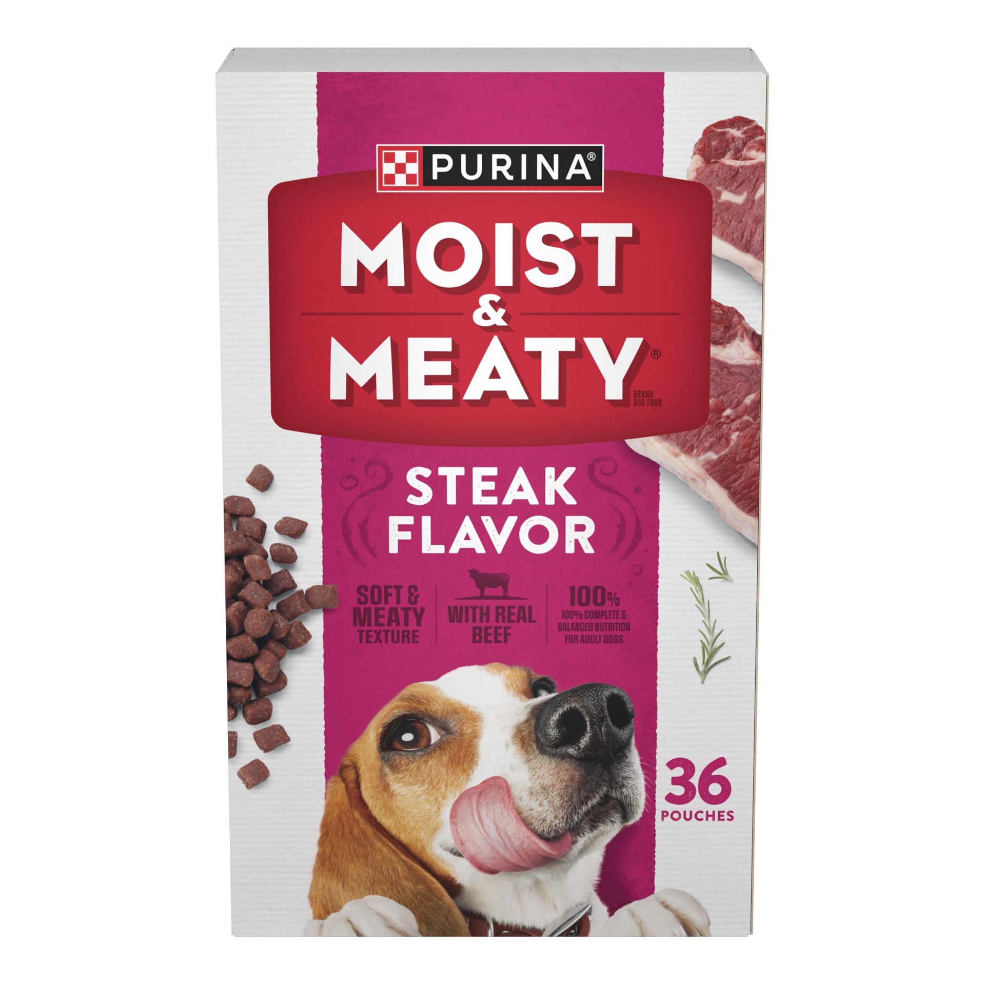 slide 1 of 9, Moist & Meaty Purina Moist and Meaty Steak Flavor Soft Dog Food Pouches, 216 oz