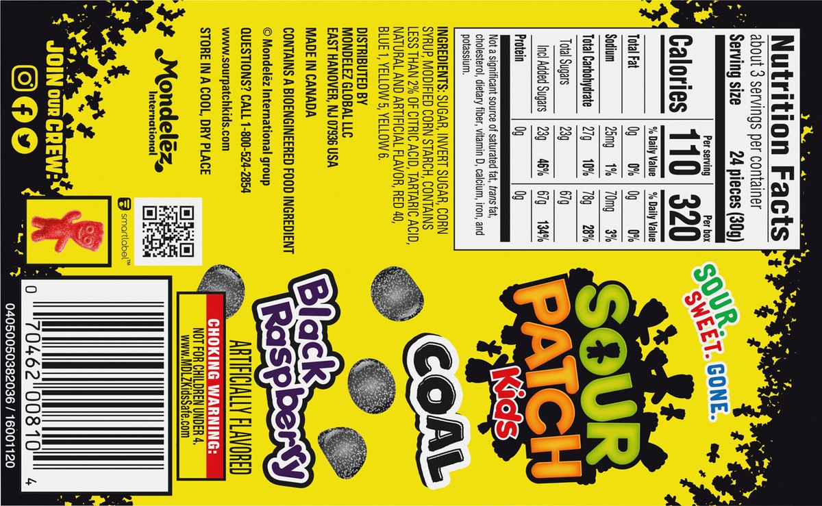 slide 2 of 13, SOUR PATCH KIDS Coal Black Raspberry Soft & Chewy Holiday Candy, 3.1 oz, 3.1 oz
