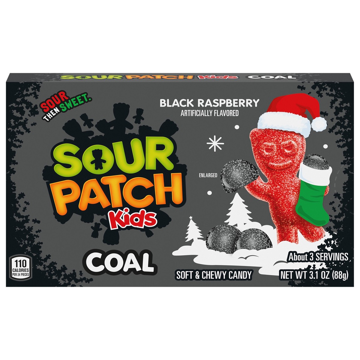 slide 1 of 13, SOUR PATCH KIDS Coal Black Raspberry Soft & Chewy Holiday Candy, 3.1 oz, 3.1 oz