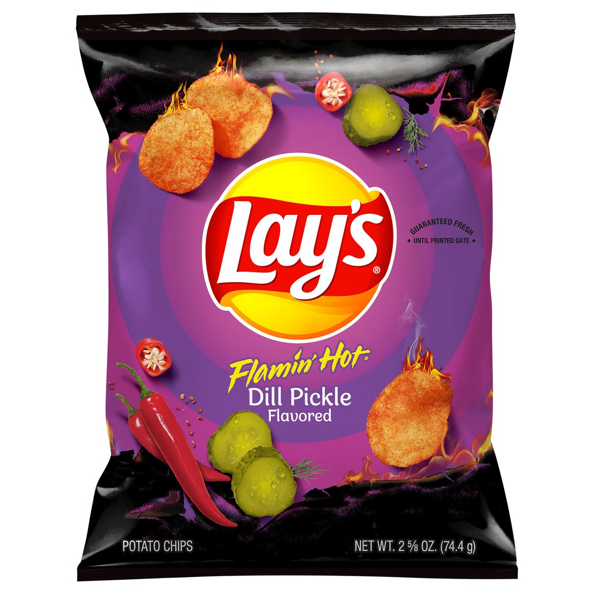 slide 1 of 3, Lay's Flamin' Hot Dill Pickle Flavored Potato Chips 2.625 oz, 2.62 oz