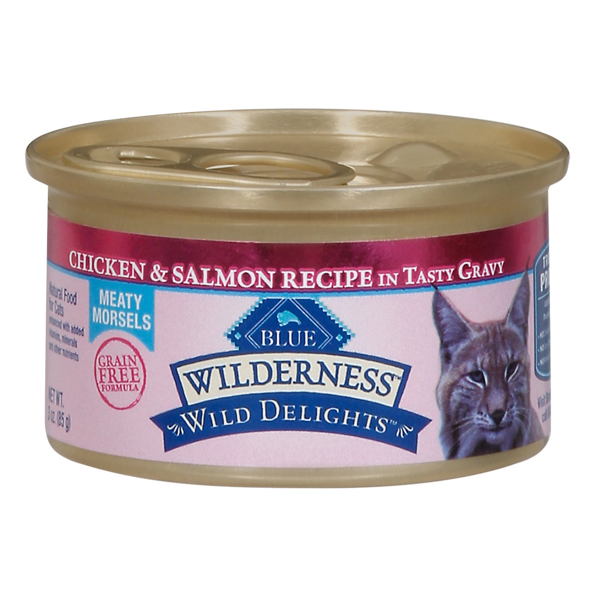 slide 1 of 13, Blue Buffalo Wilderness Wild Delights Grain Free, Natural Adult Meaty Morsels Wet Cat Food, Chicken & Salmon 3-oz can, 3 oz