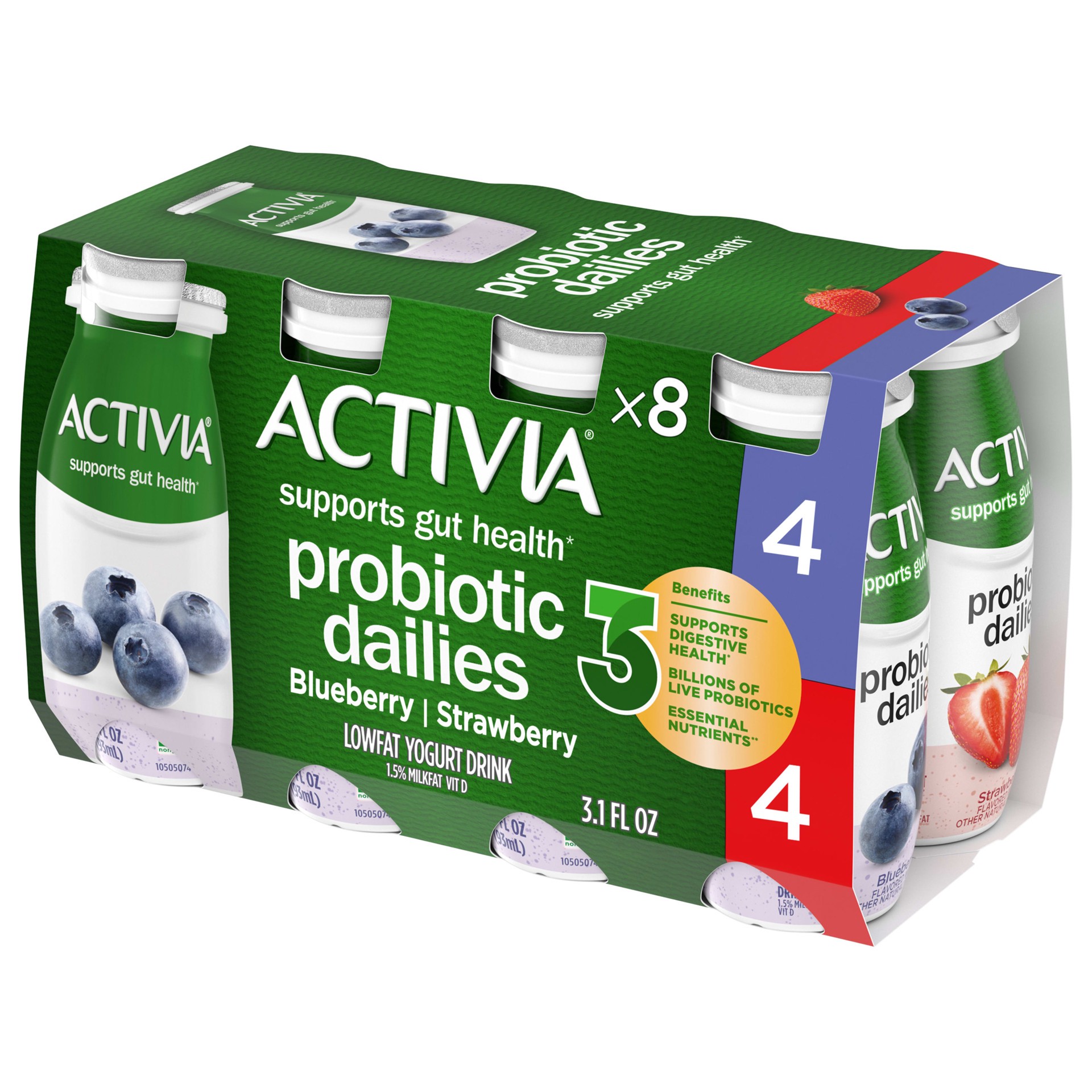 slide 1 of 11, Activia Probiotic Dailies Strawberry and Blueberry Lowfat Yogurt Drinks, Delicious Daily Probiotic Yogurt Drinks to Help Support Gut Health, 8 Ct, 3.1 FL OZ, 3.10 fl oz