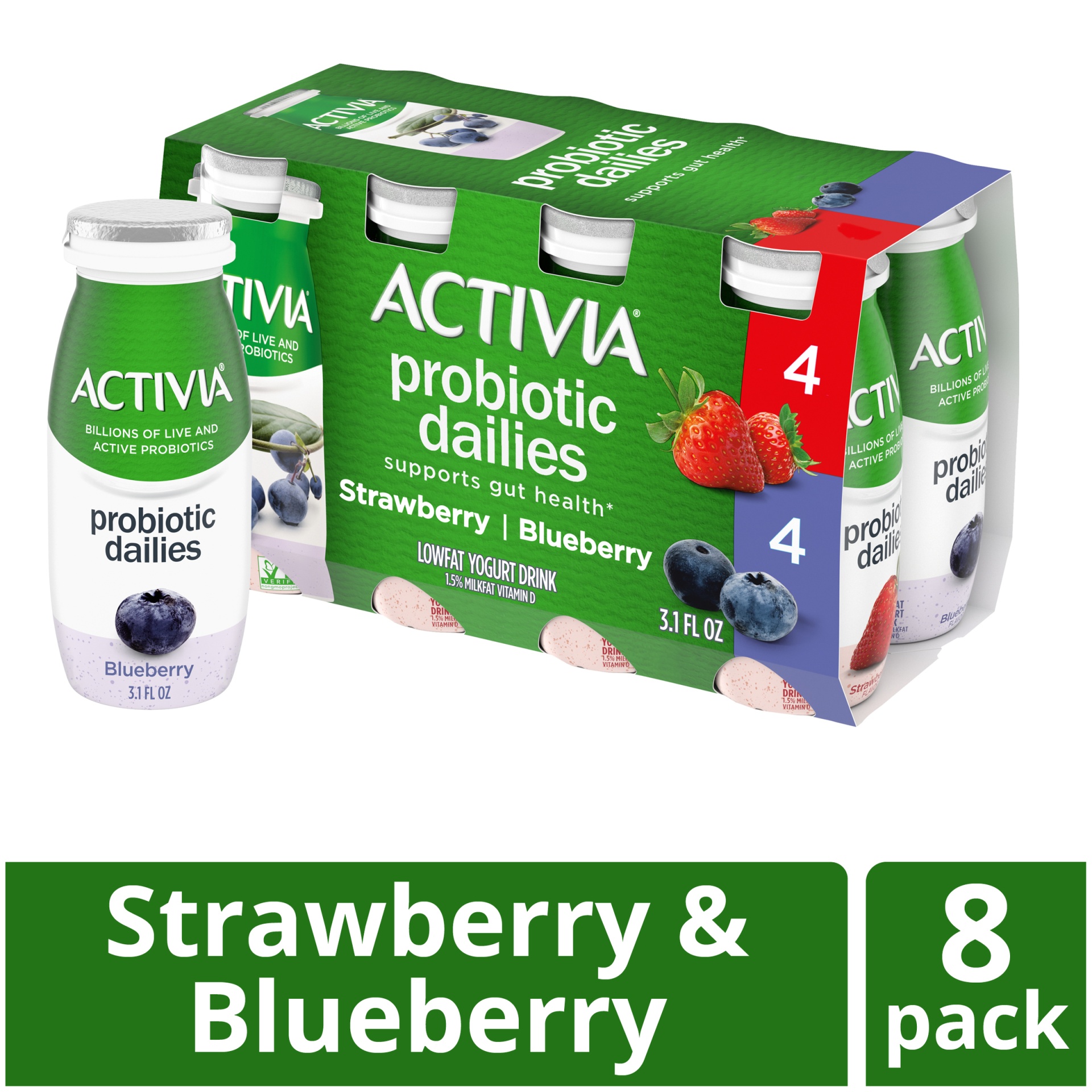 slide 1 of 7, Activia Probiotic Dailies Strawberry & Blueberry Yogurt Drink, Variety Pack, 3.1 fl oz