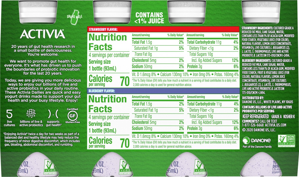 slide 3 of 11, Activia Probiotic Dailies Strawberry and Blueberry Lowfat Yogurt Drinks, Delicious Daily Probiotic Yogurt Drinks to Help Support Gut Health, 8 Ct, 3.1 FL OZ, 3.10 fl oz