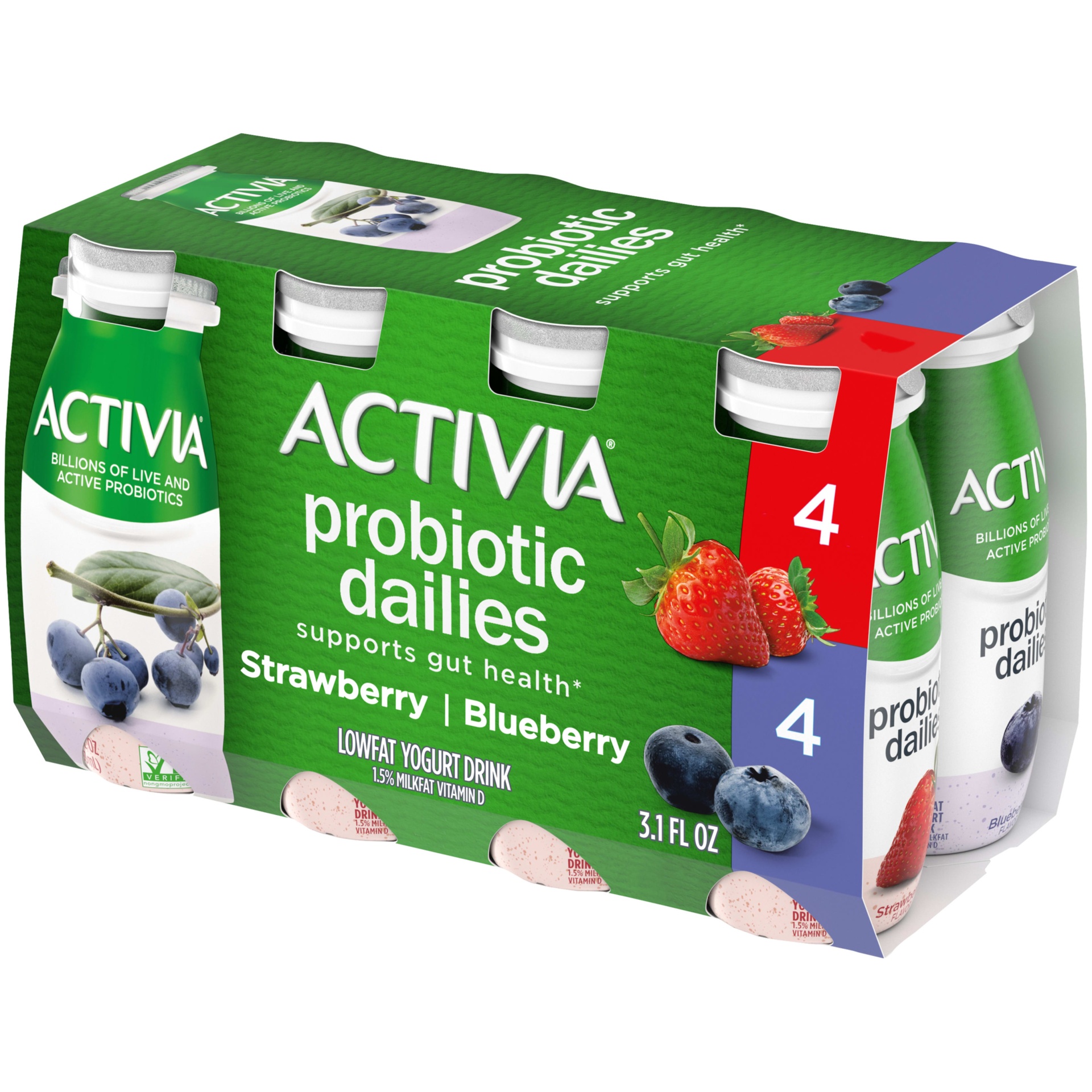 slide 1 of 1, Activia Probiotic Dailies Strawberry & Blueberry Yogurt Drink, Variety Pack, 3.1 fl oz