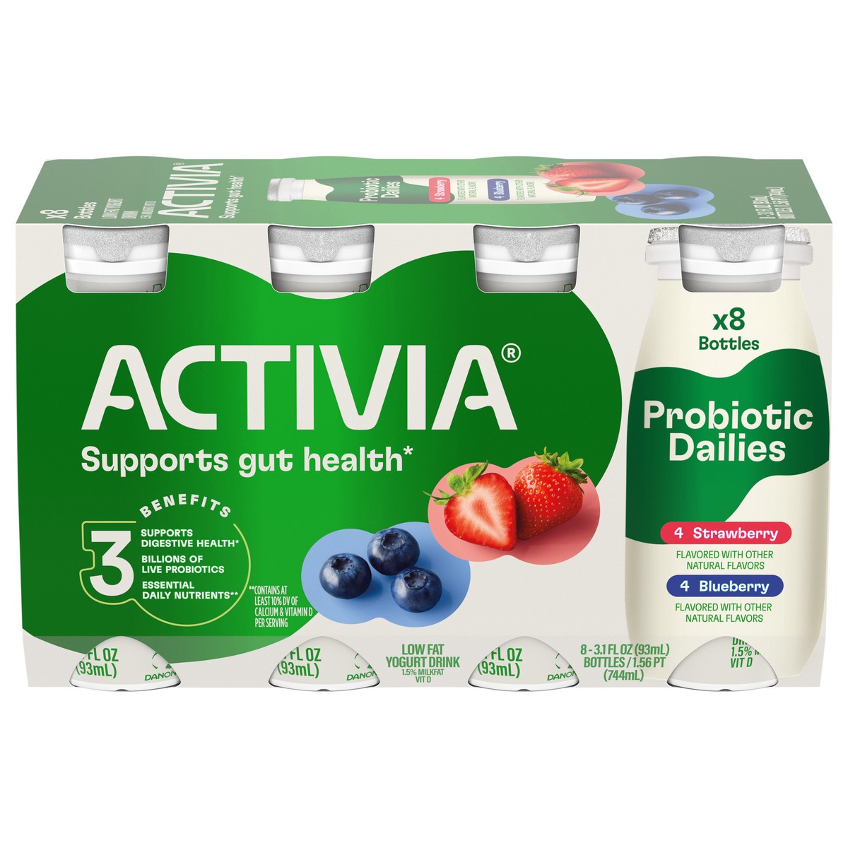 slide 1 of 11, Activia Probiotic Dailies Strawberry and Blueberry Low Fat, Probiotic Yogurt Drinks, 3.1 FL OZ, 8 Ct, 8 ct
