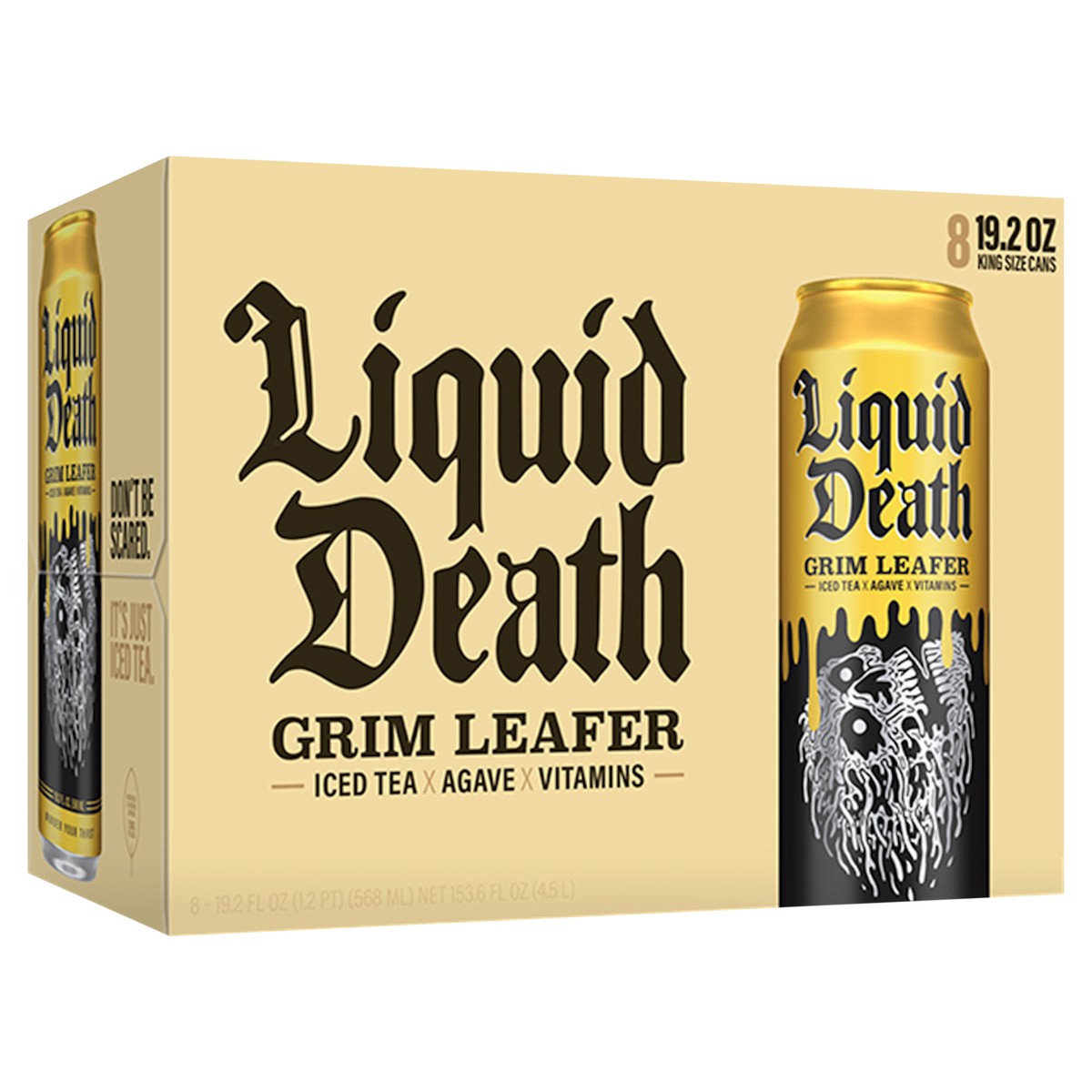 slide 3 of 3, Liquid Death Iced Black Tea, Grim Leafer (Sweet Tea) 19.2 oz King Size Cans (8-Pack), 8 ct