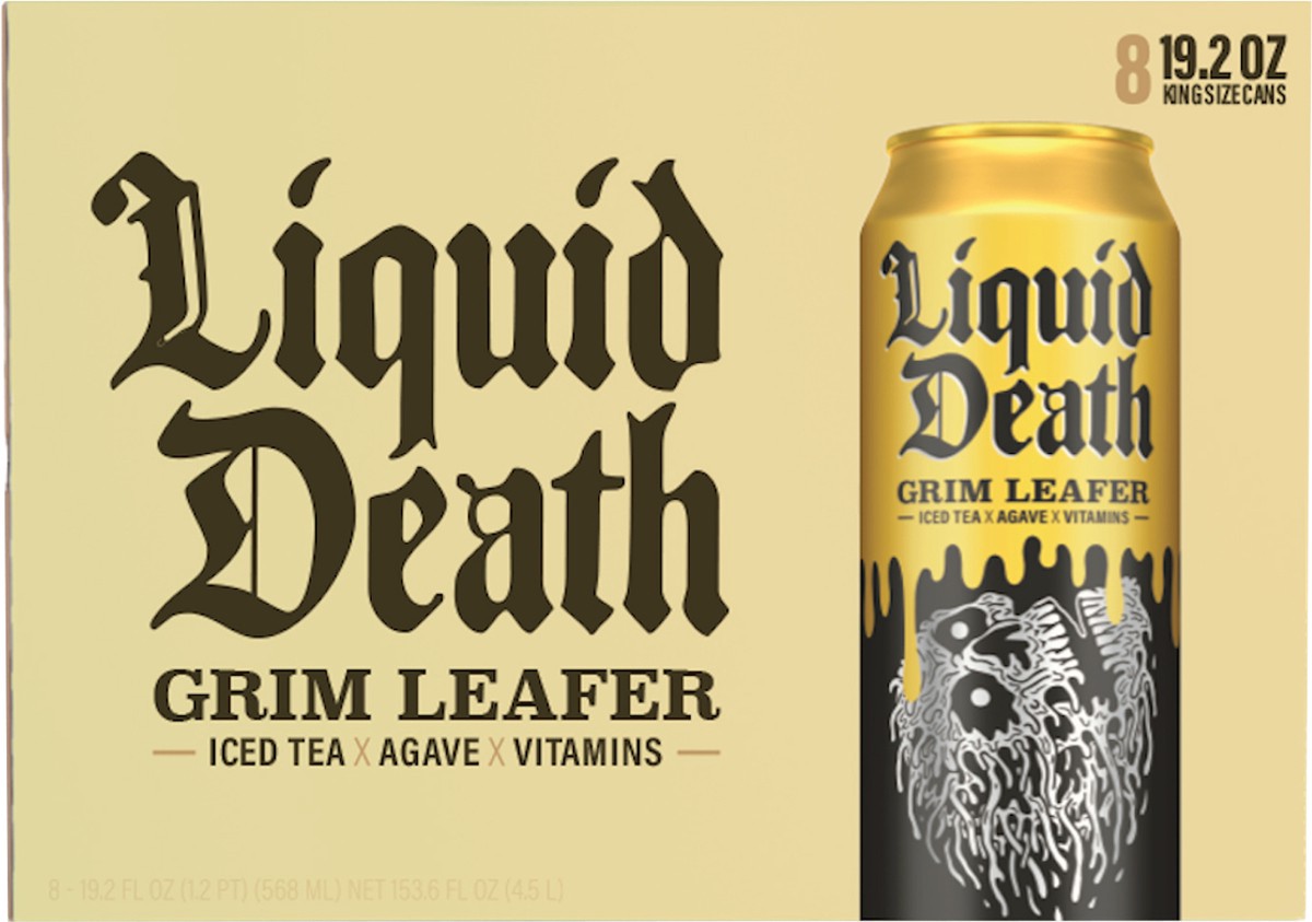 slide 2 of 3, Liquid Death Iced Black Tea, Grim Leafer (Sweet Tea) 19.2 oz King Size Cans (8-Pack), 8 ct