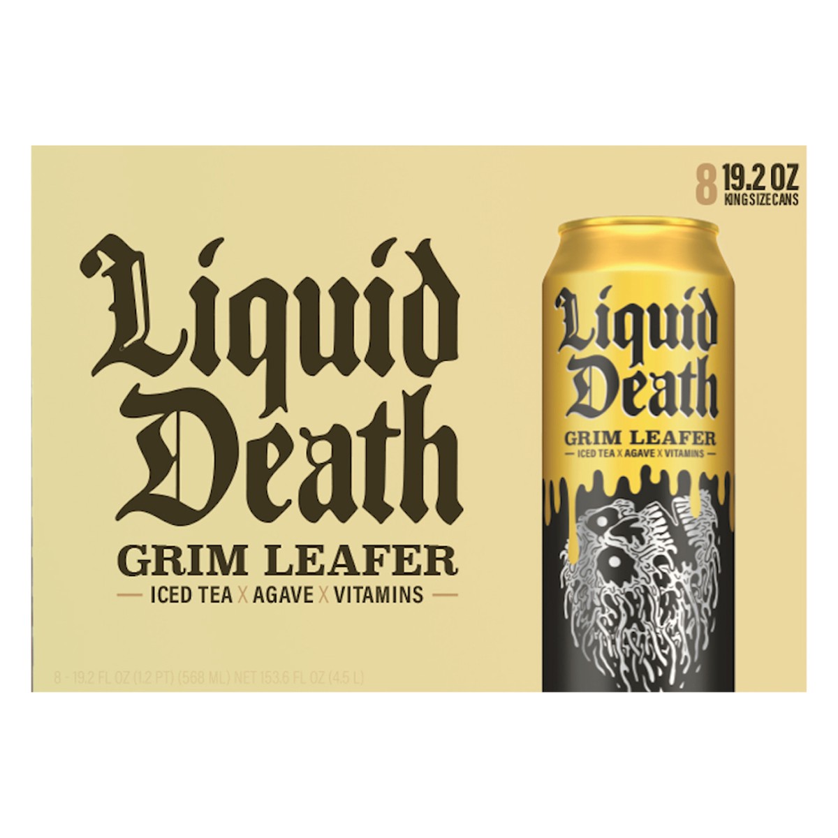 slide 1 of 3, Liquid Death Iced Black Tea, Grim Leafer (Sweet Tea) 19.2 oz King Size Cans (8-Pack), 8 ct