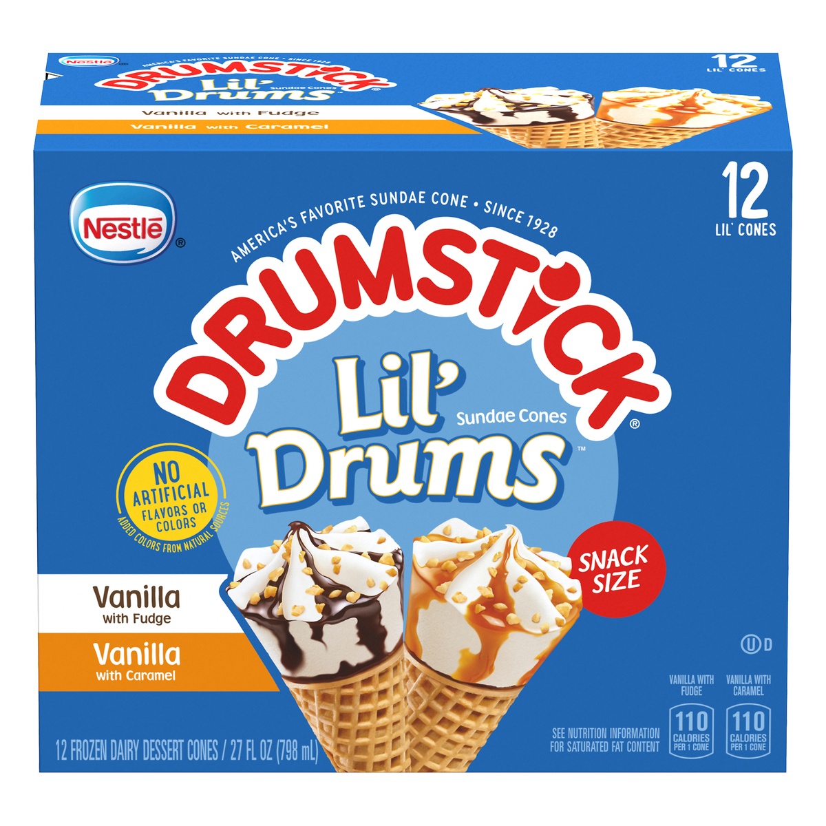 slide 1 of 1, Drumstick Lil' Drums Vanilla Fudge Swirl And Vanilla Caramel Swirl Sundae Cones, 12 ct