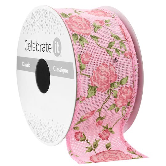 slide 1 of 2, 1" X 3yd. Pink Floral Print Ribbon By Celebrate It Classic, 1 in x 3 yd
