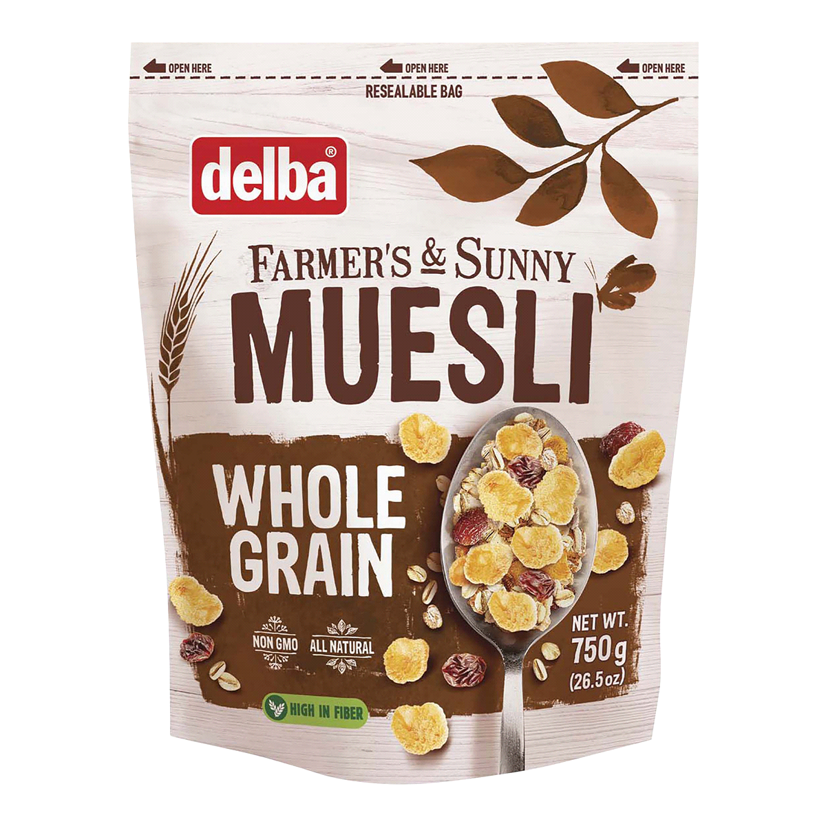 slide 1 of 1, Delba Farmers & Sunny Whole Grain Muesli, 26.5 oz