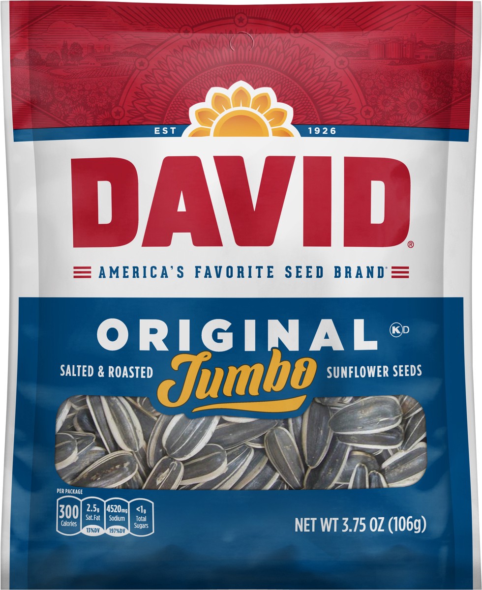 slide 2 of 3, DAVID® jumbo sunflower seeds, original salt roasted, 3.75 oz