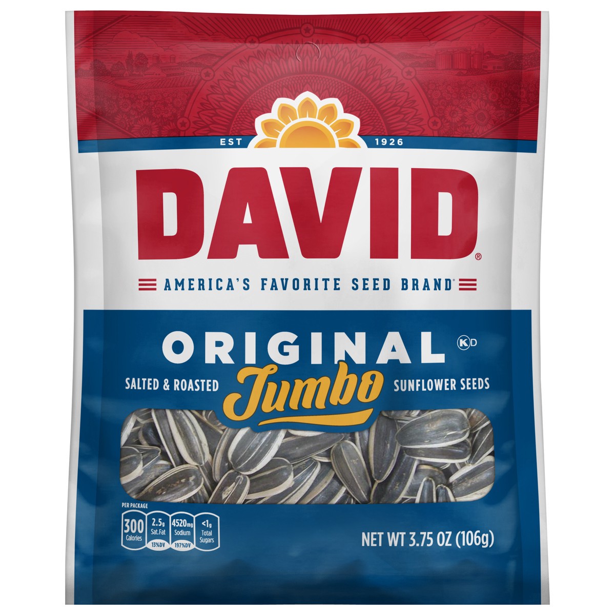 slide 1 of 3, DAVID® jumbo sunflower seeds, original salt roasted, 3.75 oz