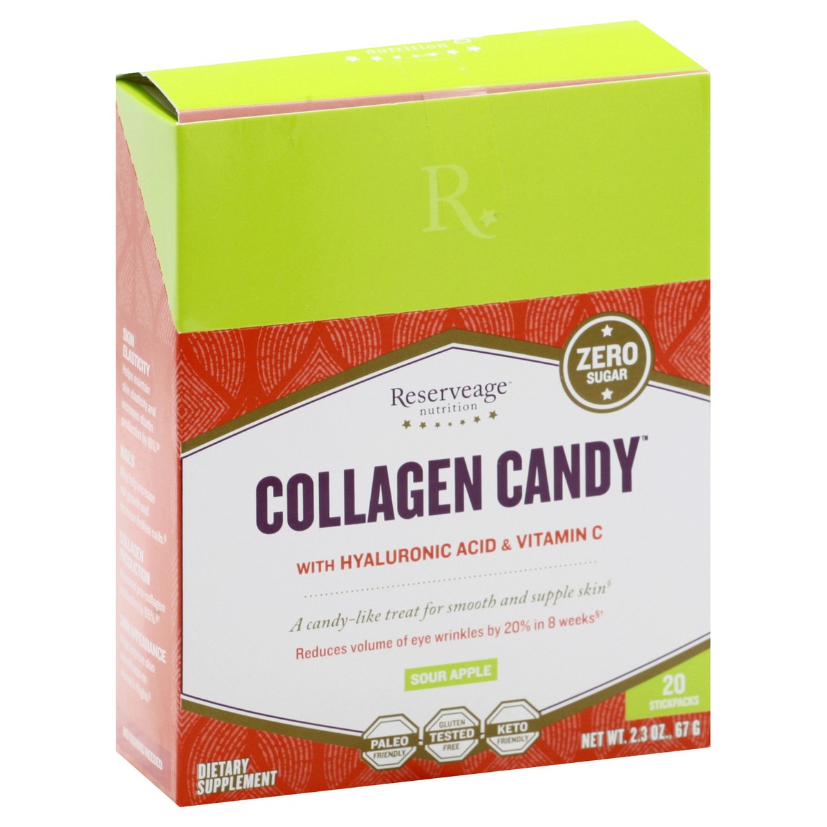 slide 2 of 9, Reserveage Nutrition With Hyaluronic Acid & Vitamin C Sour Apple Collagen Candy 20 ea, 2.3 oz