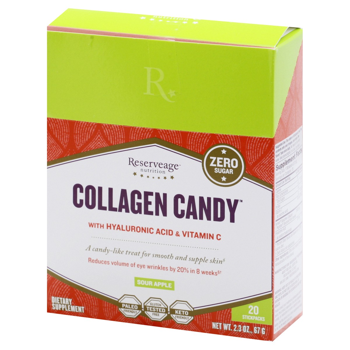 slide 4 of 9, Reserveage Nutrition With Hyaluronic Acid & Vitamin C Sour Apple Collagen Candy 20 ea, 2.3 oz