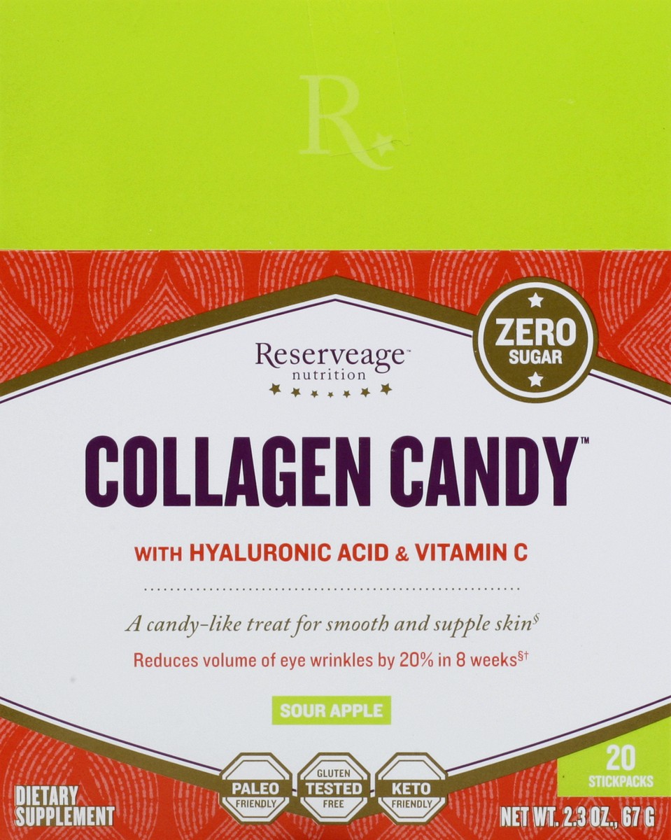 slide 1 of 9, Reserveage Nutrition With Hyaluronic Acid & Vitamin C Sour Apple Collagen Candy 20 ea, 2.3 oz