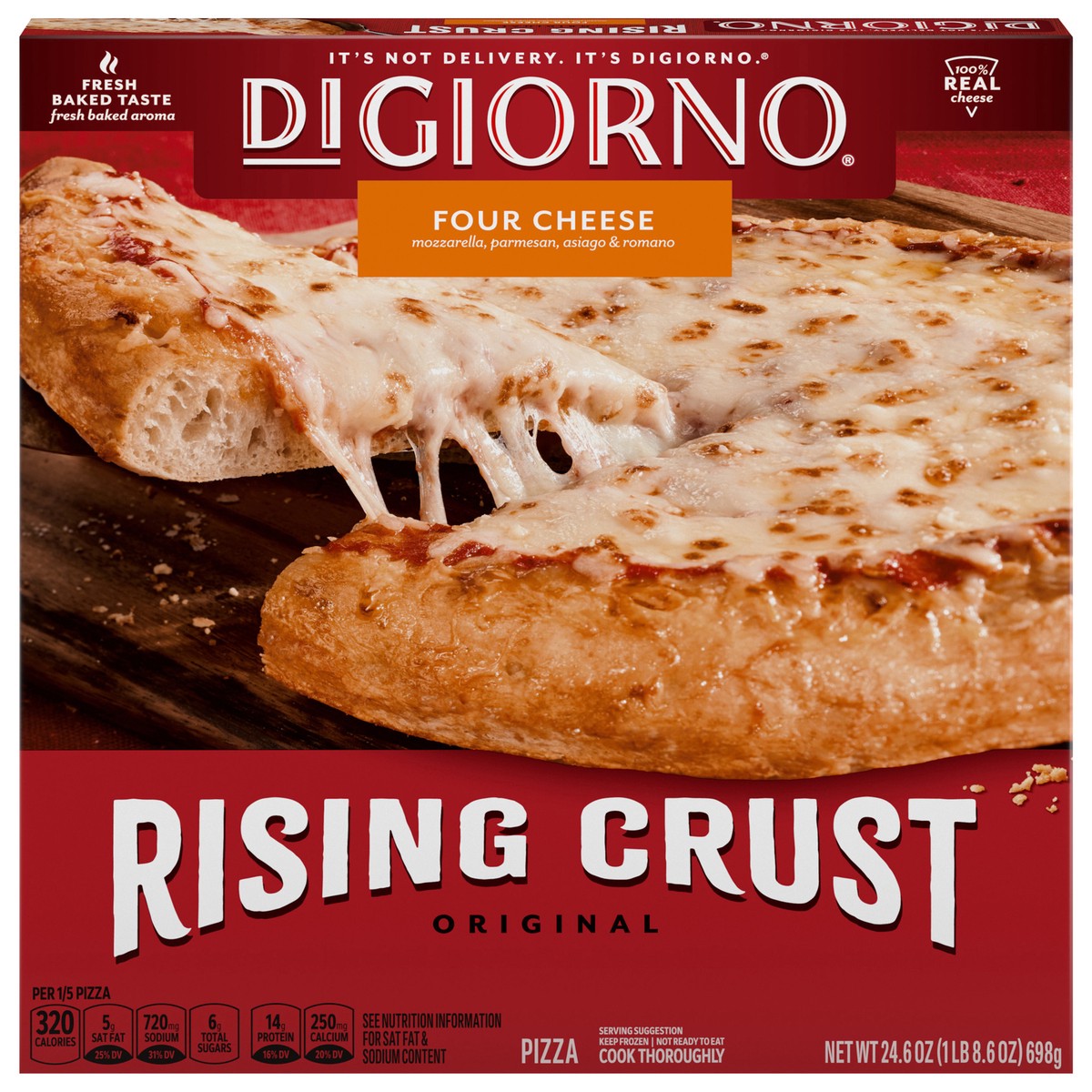 slide 1 of 12, DiGiorno Frozen Pizza, Rising Crust Four Cheese Pizza, 24.6oz (Frozen), 24.6 oz