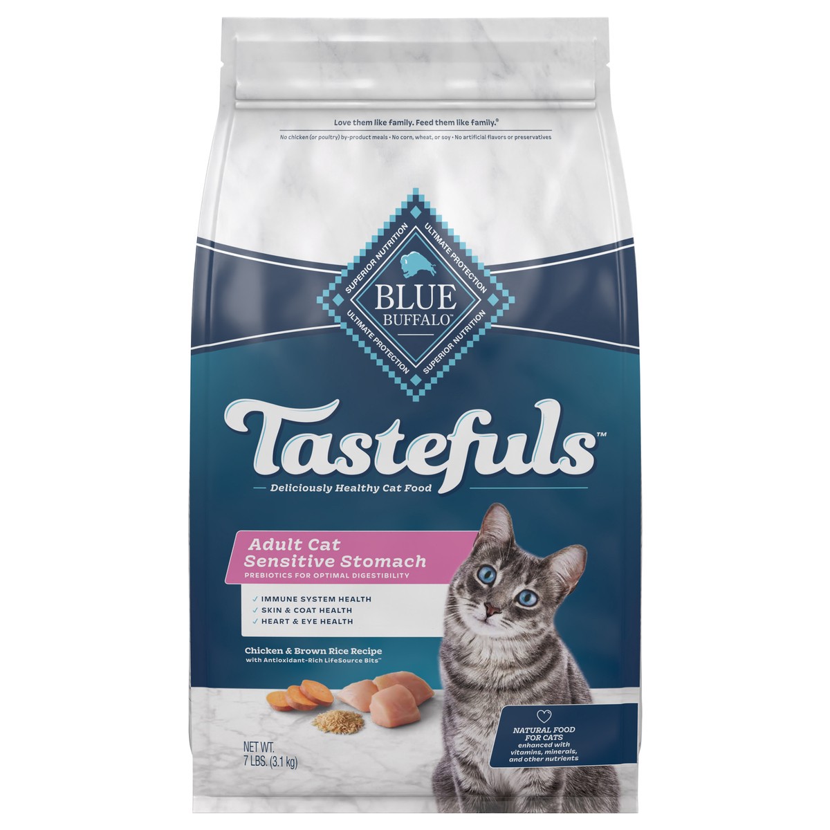 slide 1 of 6, Blue Buffalo Tastefuls Sensitive Stomach Natural Adult Dry Cat Food, Chicken 7lb bag, 7 lb