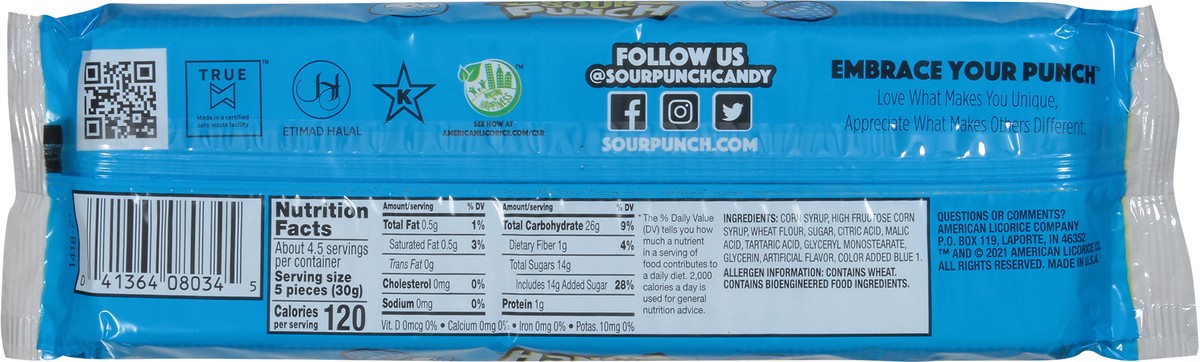 slide 3 of 13, Sour Punch Blue Raspberry Straws, 4.5oz Tray, 1 ct