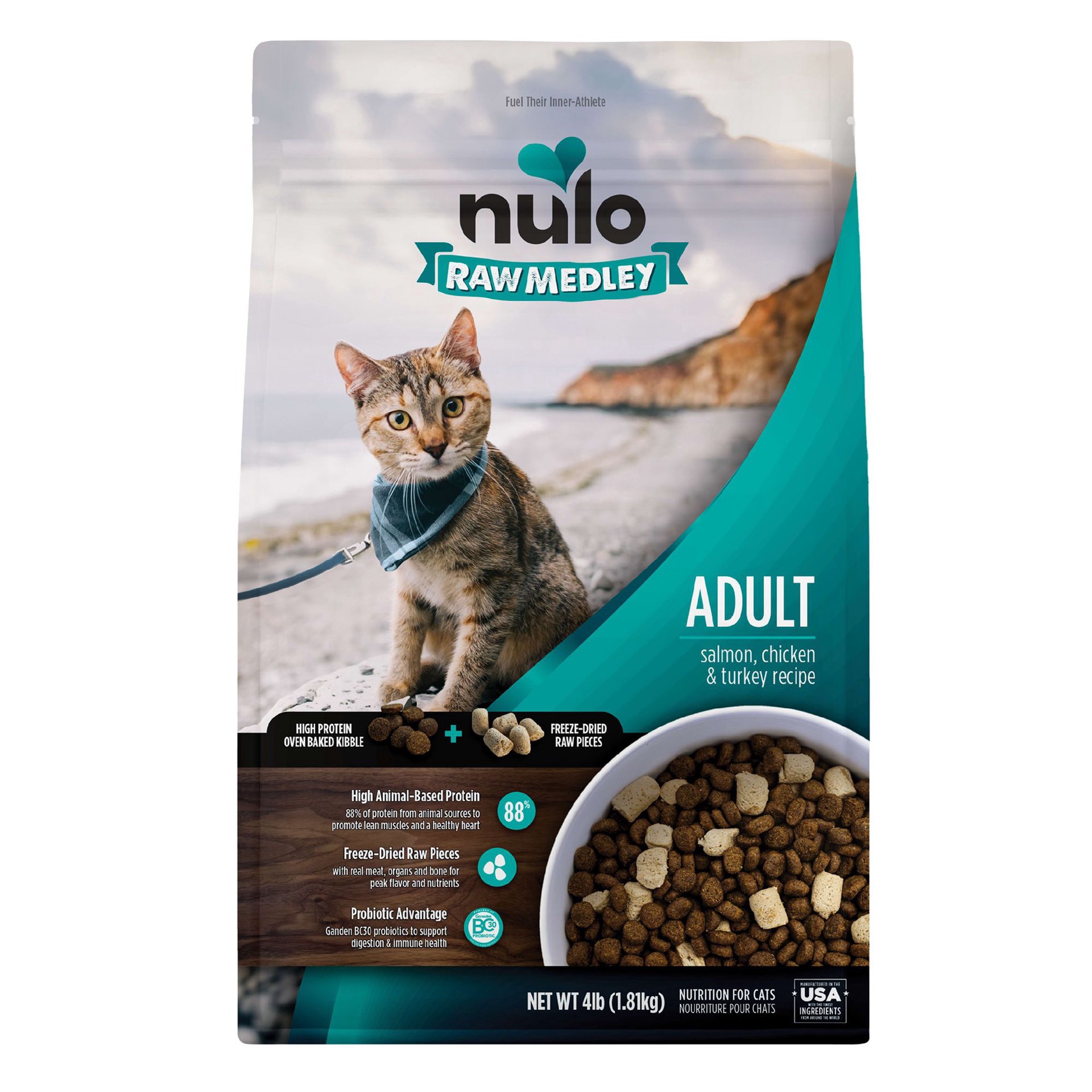 slide 1 of 1, Nulo Raw Medley Adult Cat Food - Grain Free Kibble + Freeze Dried Raw, Salmon, Chicken & Turkey, 4 lb