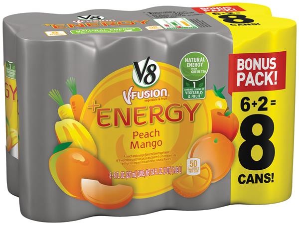 slide 1 of 1, V8 V-Fusion + Energy Peach Mango Vegetable & Fruit Juice, 8 ct; 8 fl oz