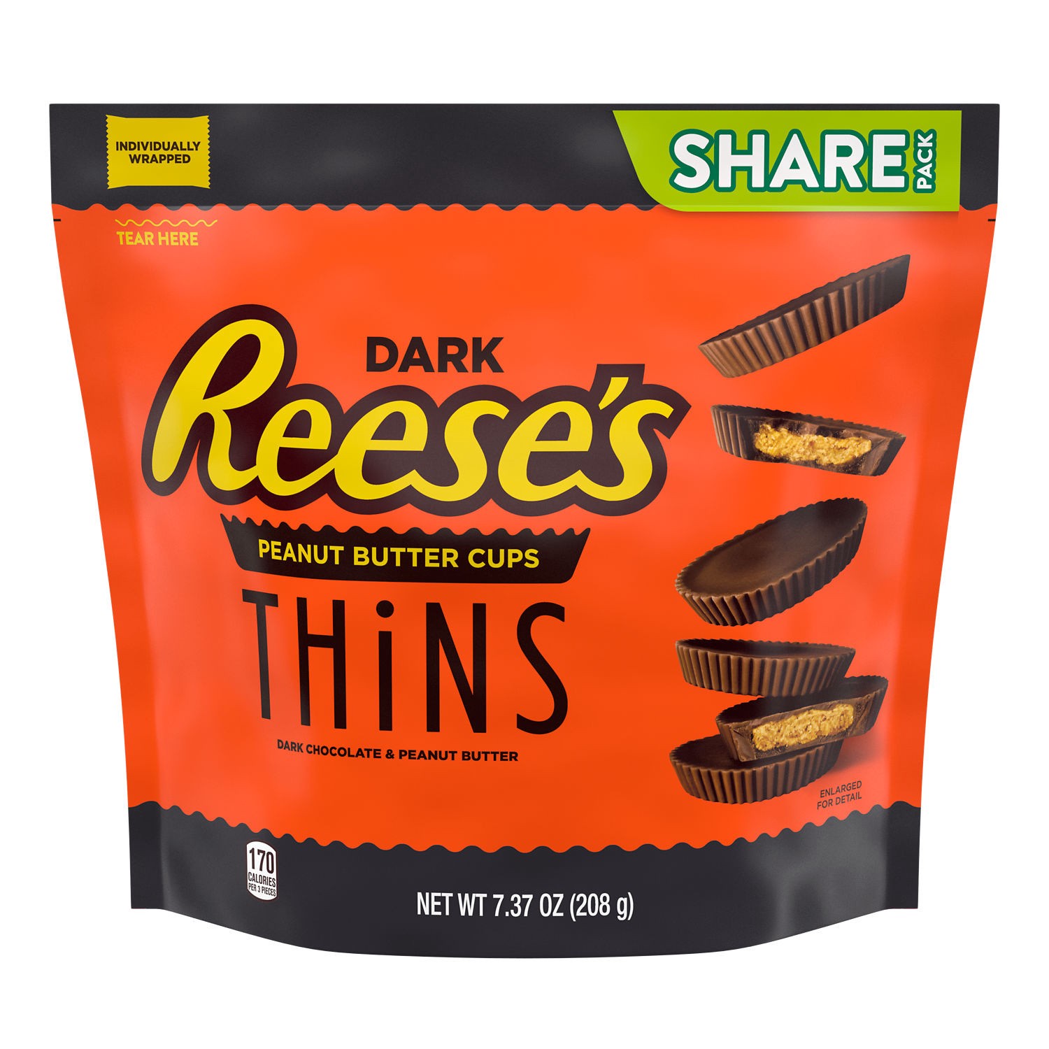 slide 1 of 7, Reese's THiNS Dark Chocolate Peanut Butter Cups, Candy Share Pack, 7.37 oz, 7.37 oz