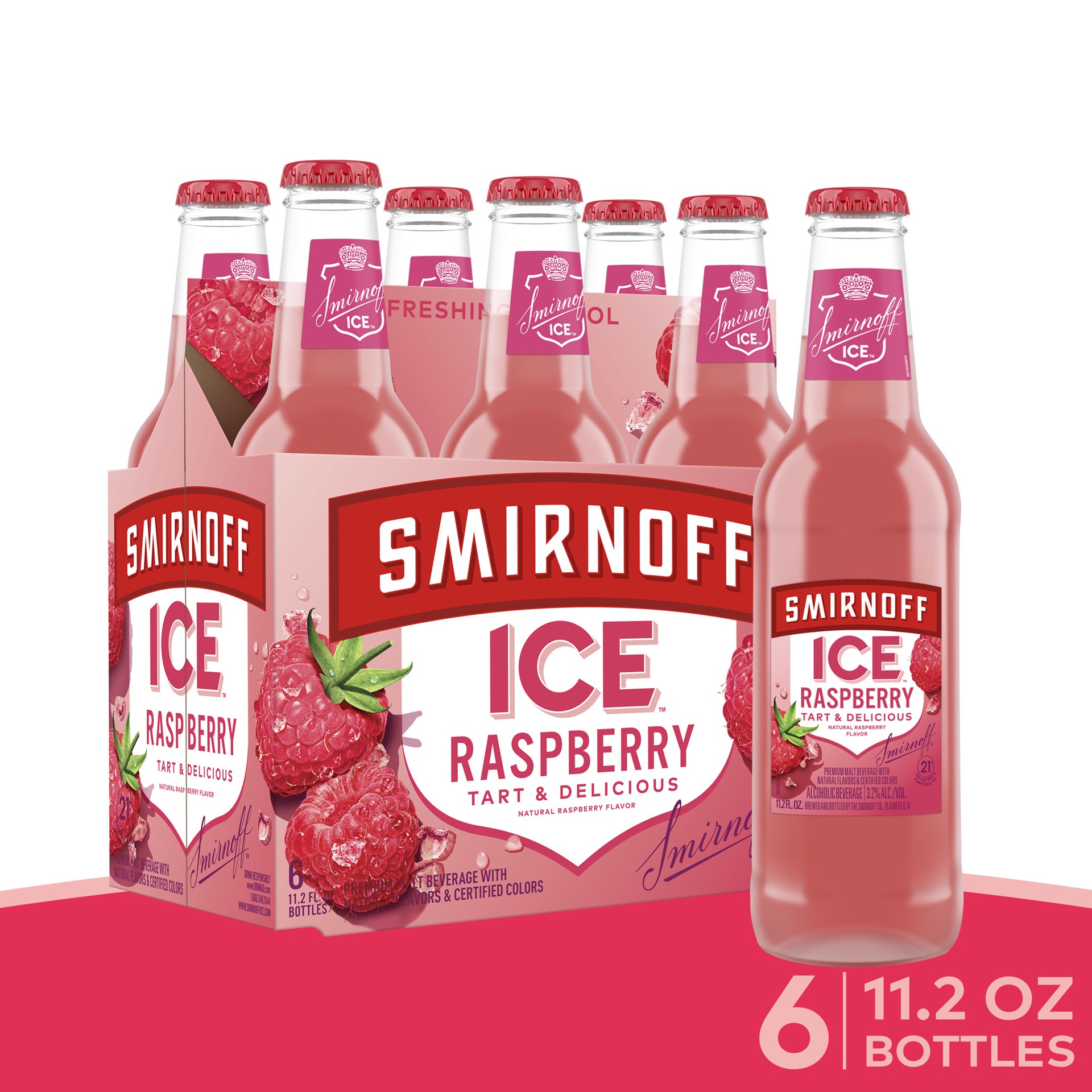 slide 1 of 3, Smirnoff Ice Raspberry Sparkling Drink, 11.2oz Bottles, 6pk, 11.2 fl oz