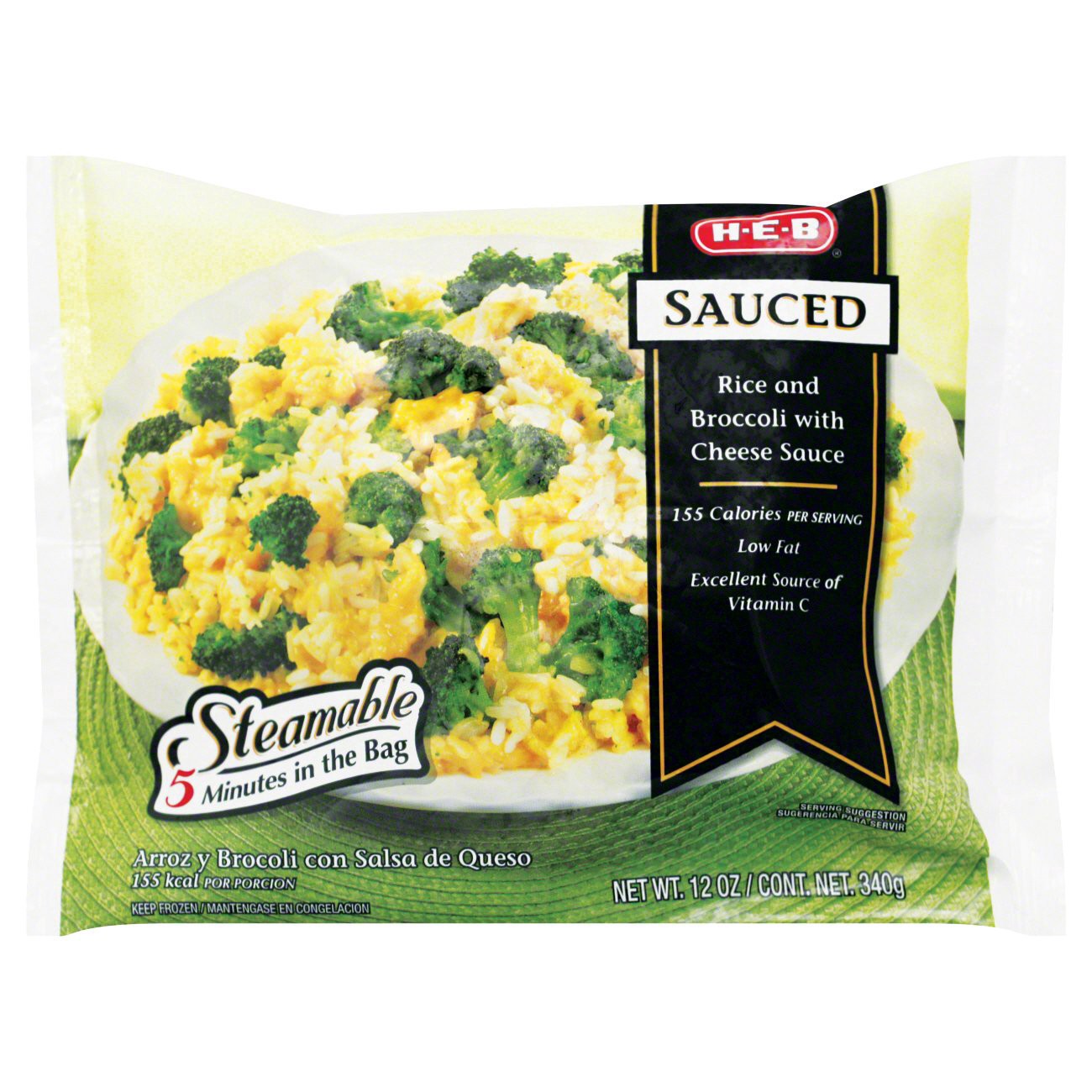 slide 1 of 1, H-E-B Frozen Steamable Rice & Broccoli in Cheese Sauce, 12 oz