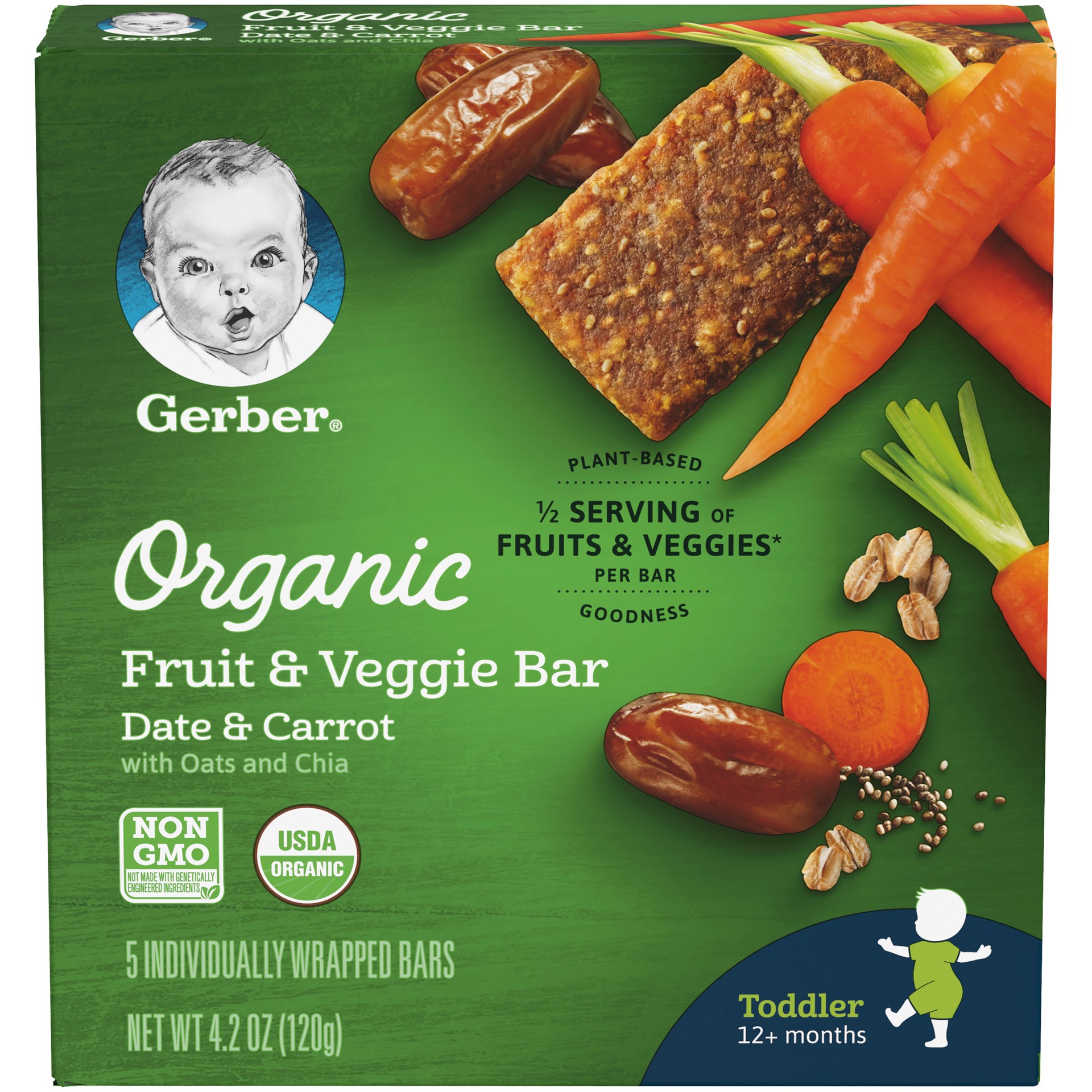slide 1 of 5, Gerber Fruit & Veggie Bar, Organic, Date & Carrot, 12+ Months, 5 ct