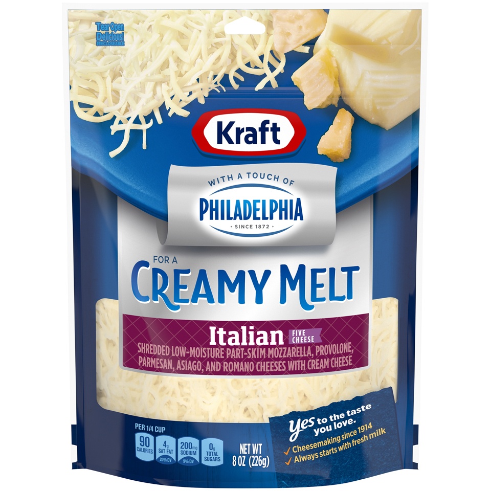 slide 1 of 1, Kraft Natural Cheese Italian Five Cheese Touch Of Philadelphia Shredded Cheese, 8 oz