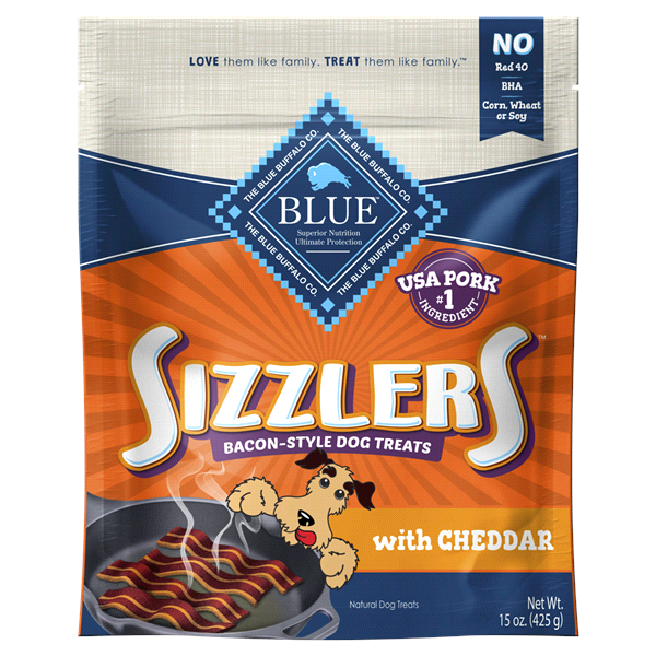 slide 1 of 1, Blue Buffalo Sizzlers Dog Treats, Pork with Cheddar, 15 oz