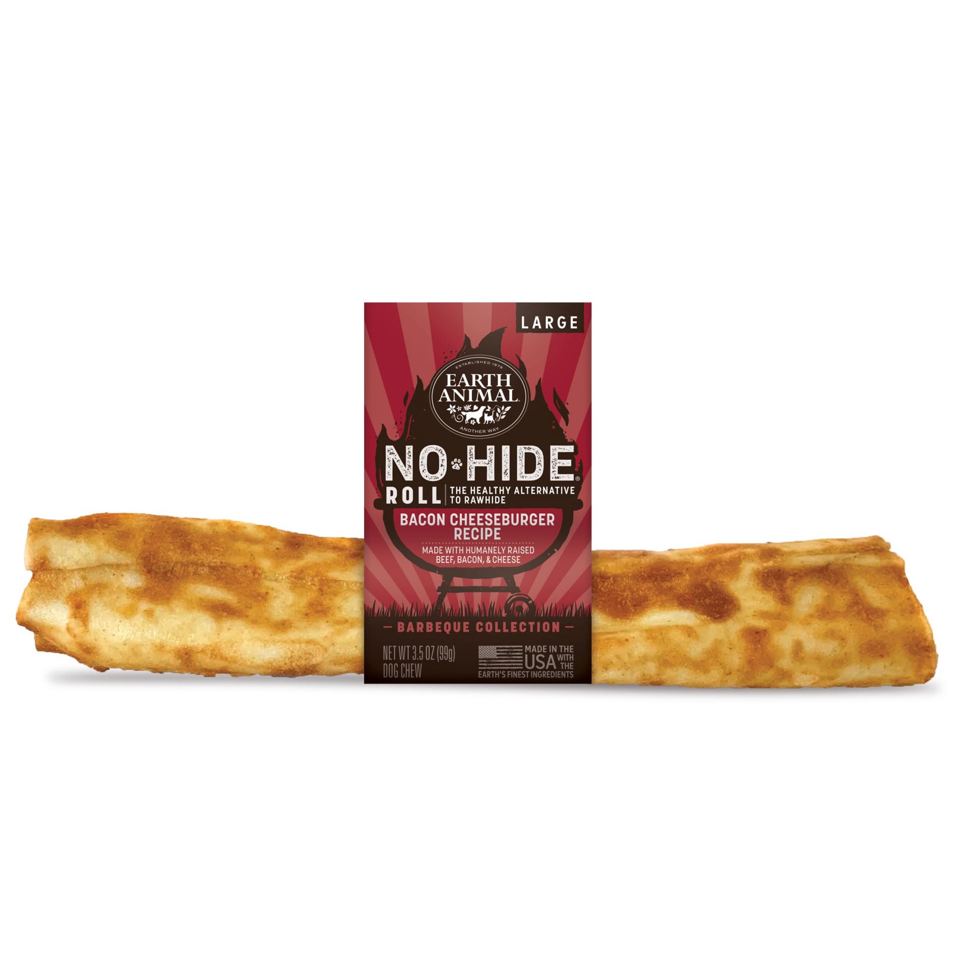 slide 1 of 1, Earth Animal No-Hide Barbeque Rolls Bacon Cheeseburger Recipe Natural Rawhide Alternative Dog Chew, Large, 3.5 oz., 3.5 oz