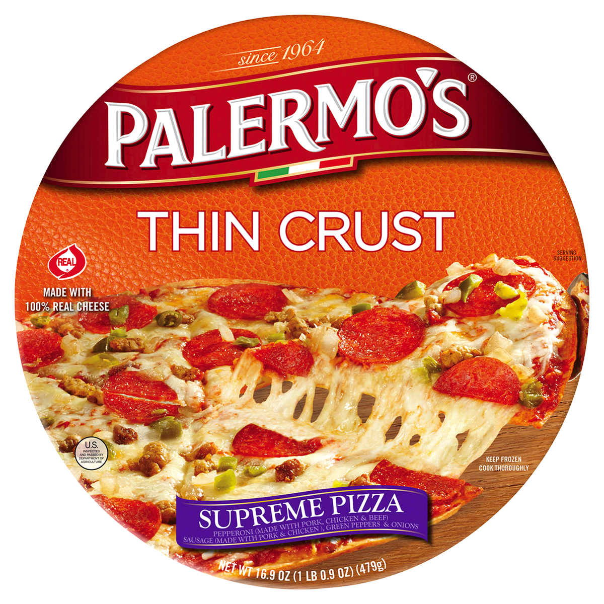 slide 1 of 1, Palermo's Thin Crust Supreme Pizza, 16.9 oz