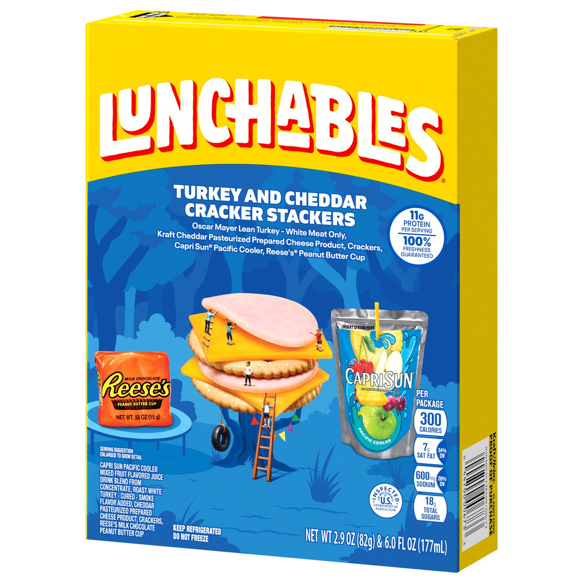 slide 13 of 15, Lunchables Turkey and Cheddar Cracker Stackers with Reese's Peanut Butter Cup and Capri Sun Pacific Cooler Fun Pack, 8.9 oz Box, 8.9 oz