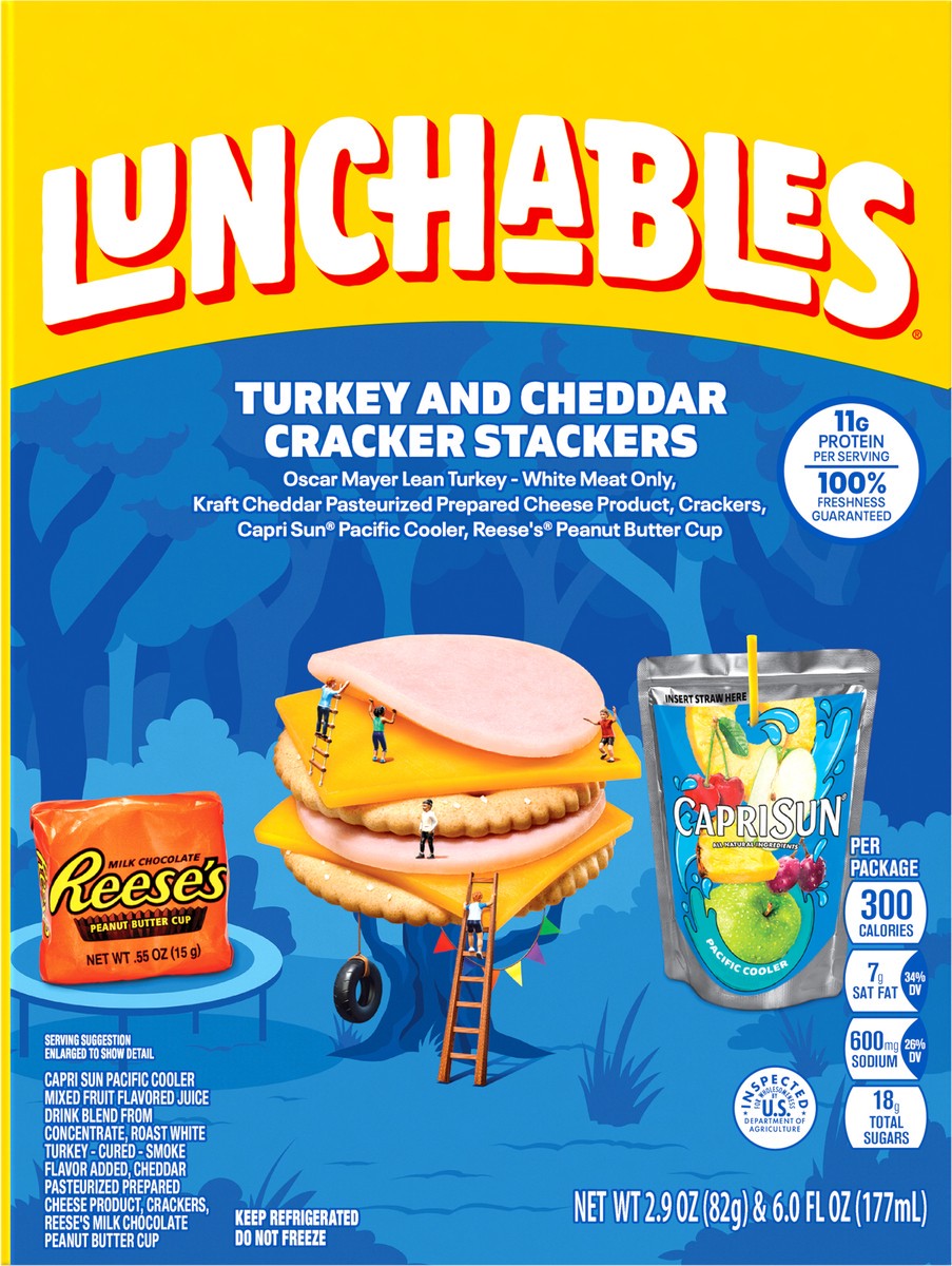 slide 11 of 15, Lunchables Turkey and Cheddar Cracker Stackers with Reese's Peanut Butter Cup and Capri Sun Pacific Cooler Fun Pack, 8.9 oz Box, 8.9 oz