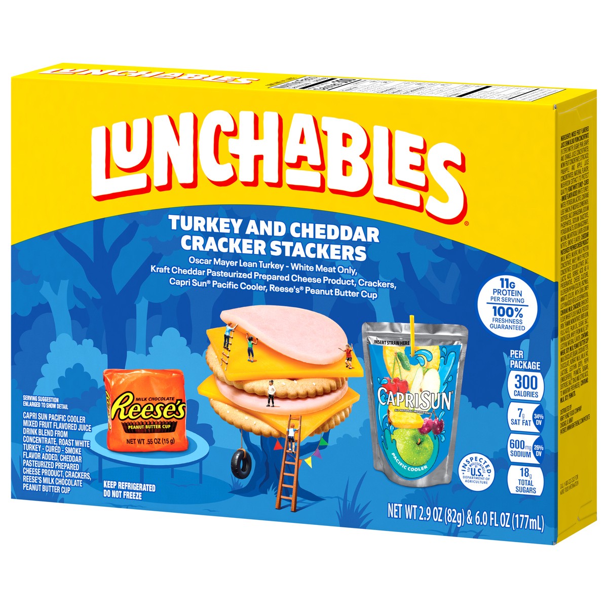 slide 10 of 15, Lunchables Turkey and Cheddar Cracker Stackers with Reese's Peanut Butter Cup and Capri Sun Pacific Cooler Fun Pack, 8.9 oz Box, 8.9 oz