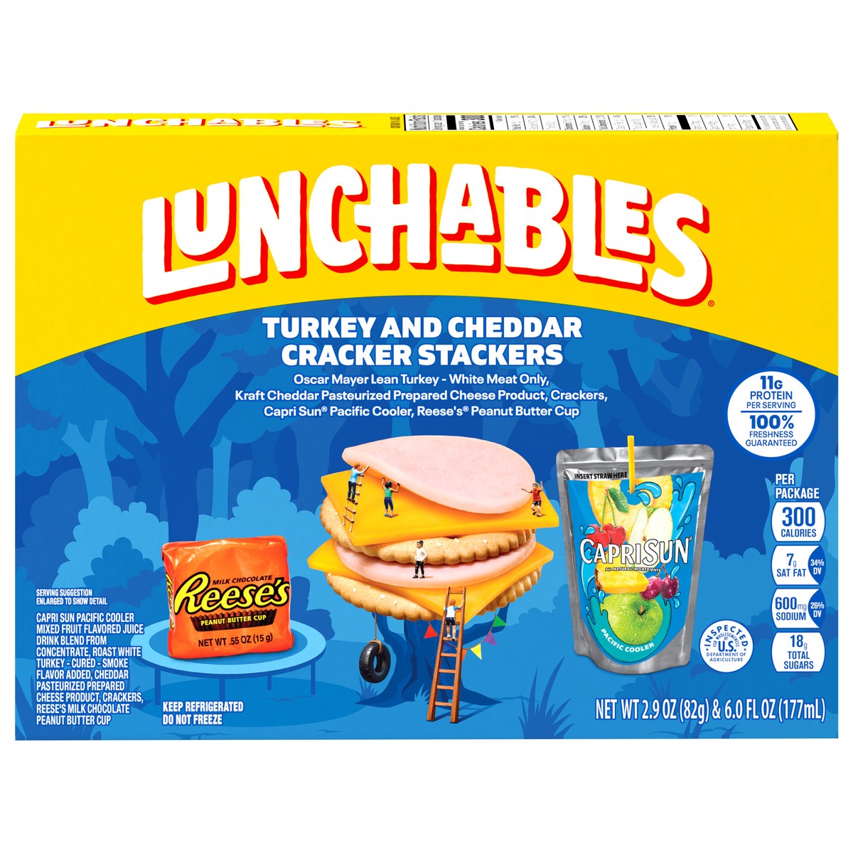 slide 3 of 15, Lunchables Turkey and Cheddar Cracker Stackers with Reese's Peanut Butter Cup and Capri Sun Pacific Cooler Fun Pack, 8.9 oz Box, 8.9 oz