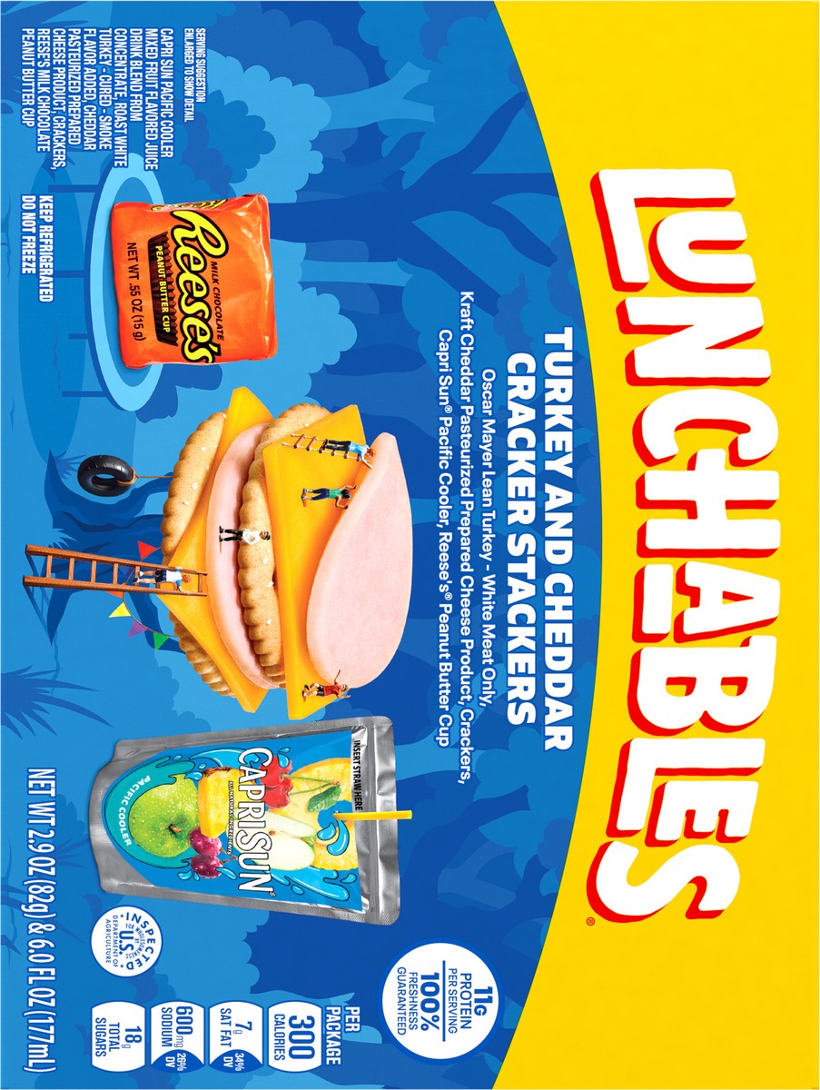 slide 4 of 15, Lunchables Turkey and Cheddar Cracker Stackers with Reese's Peanut Butter Cup and Capri Sun Pacific Cooler Fun Pack, 8.9 oz Box, 8.9 oz