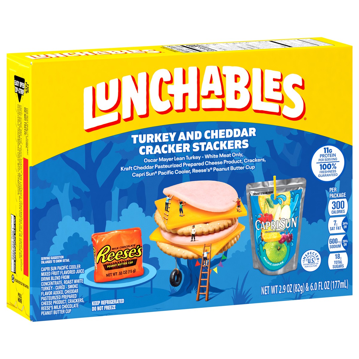 slide 2 of 15, Lunchables Turkey and Cheddar Cracker Stackers with Reese's Peanut Butter Cup and Capri Sun Pacific Cooler Fun Pack, 8.9 oz Box, 8.9 oz