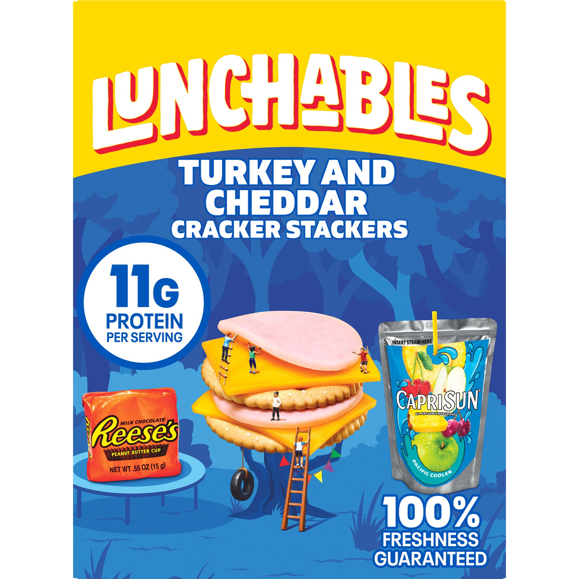 slide 1 of 15, Lunchables Turkey and Cheddar Cracker Stackers with Reese's Peanut Butter Cup and Capri Sun Pacific Cooler Fun Pack, 8.9 oz Box, 8.9 oz