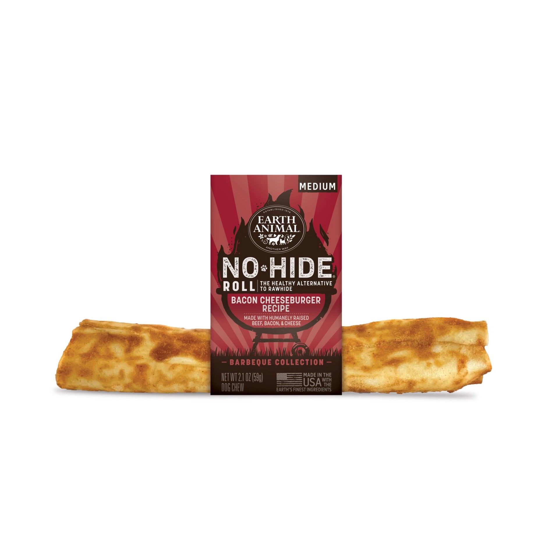 slide 1 of 1, Earth Animal No-Hide Barbeque Rolls Bacon Cheeseburger Recipe Natural Rawhide Alternative Dog Chew, Medium, 2.1 oz., 2.1 oz